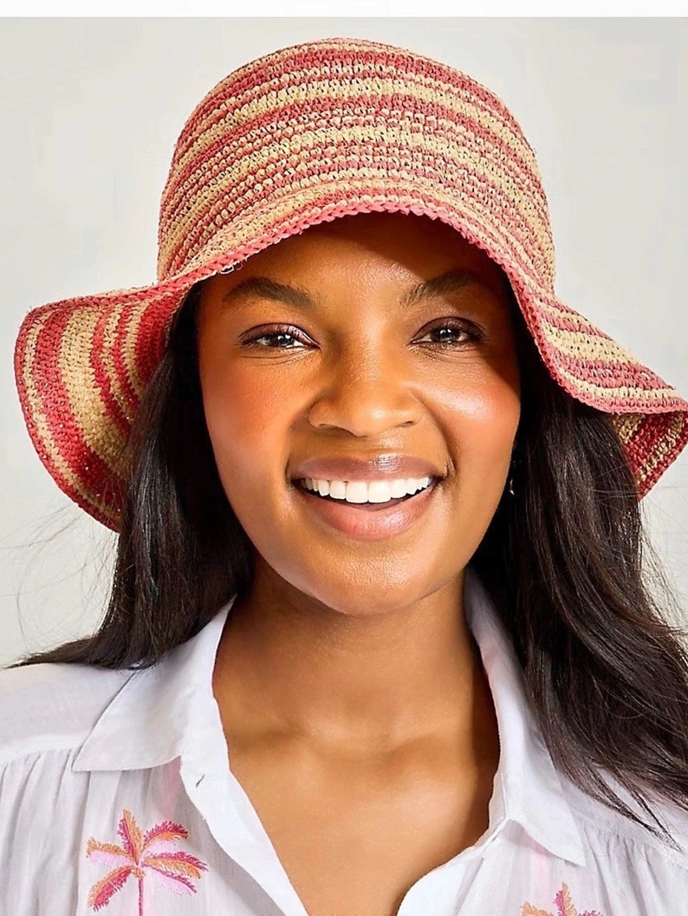 NWT Tommy Bahama Raffia Stripe Bucket Hat in Melon.